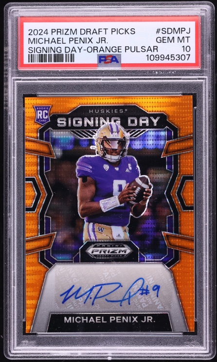 2024 Panini Prizm Picks Signing Day Orange Pulsar Michael Penix Jr. RC AUTO /49 #SDMPJ PSA 10