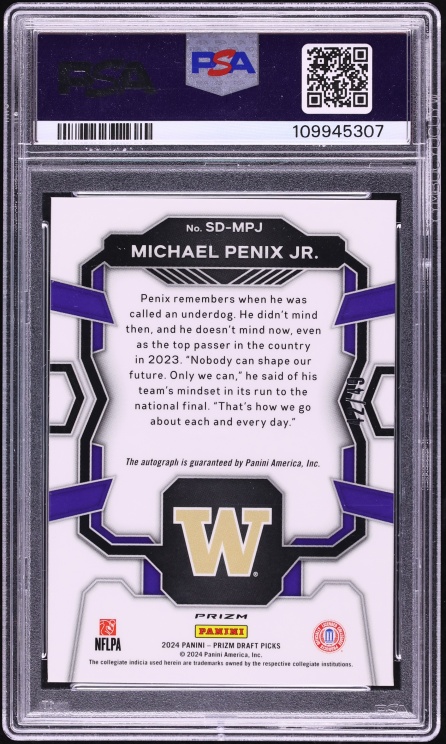 2024 Panini Prizm Picks Signing Day Orange Pulsar Michael Penix Jr. RC AUTO /49 #SDMPJ PSA 10