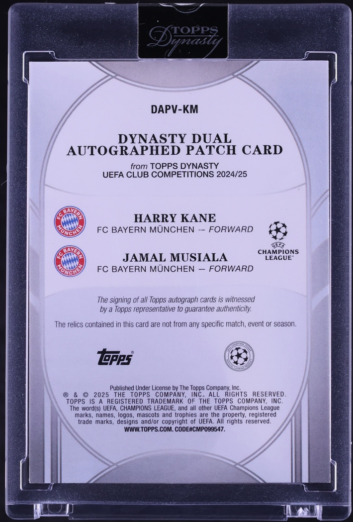 2024 Topps Dynasty UEFA Club Competitions Dual Black Harry Kane & Jamal Musiala PATCH AUTO 1/5