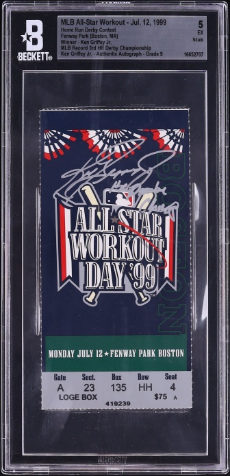 1999 MLB All-Star Workout Ticket Stub Ken Griffey Jr. 3rd HR Derby Championship AUTO BGS 5 EX