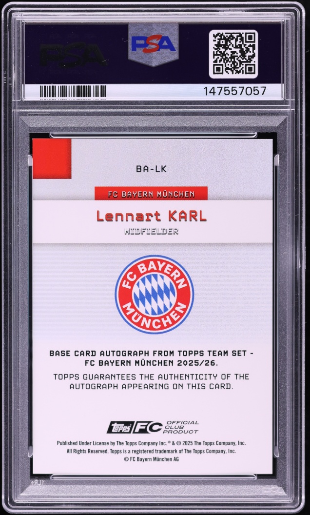 2025 Topps FC Bayern Munchen Green Lennart Karl ROOKIE AUTO DNA 10 /99 #BA-LK PSA 9 MINT