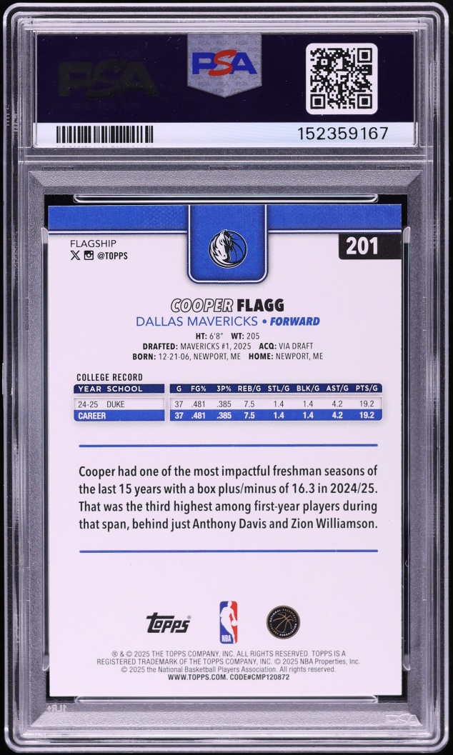2025 Topps Basketball Cooper Flagg ROOKIE #201 PSA 10 GEM MINT