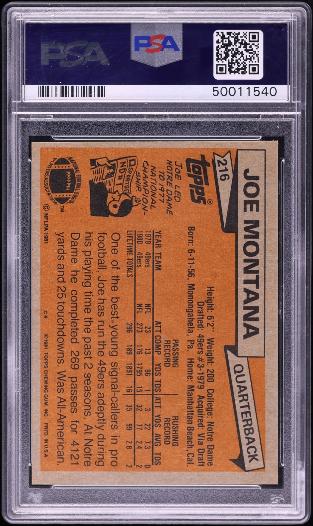 1981 Topps Football Joe Montana ROOKIE #216 PSA 10 GEM MINT