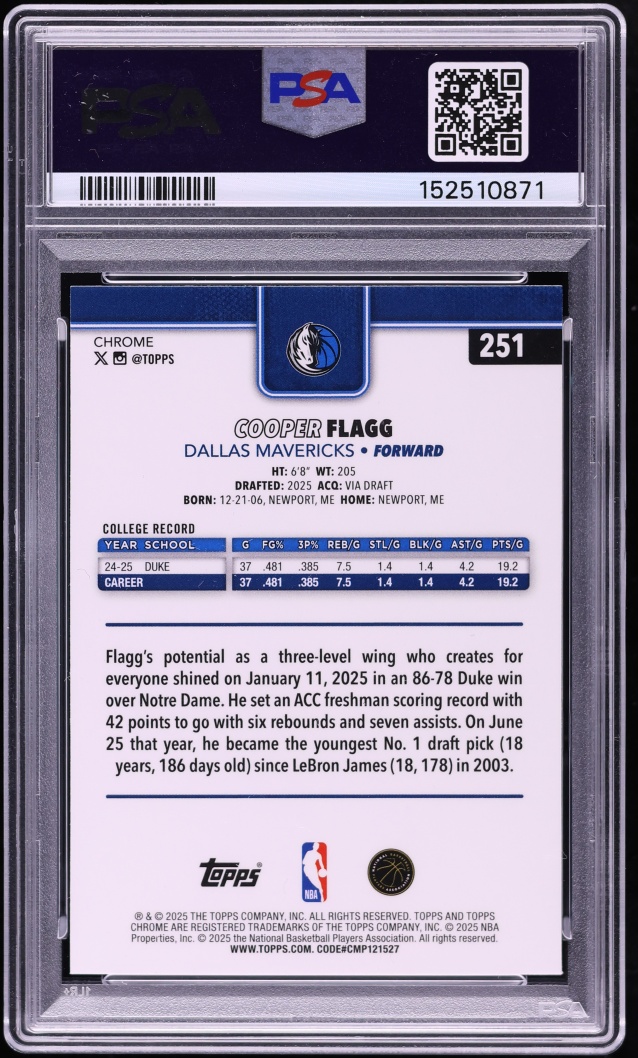 2025 Topps Chrome Purple Wave Cooper Flagg ROOKIE /75 #251 PSA 9 MINT