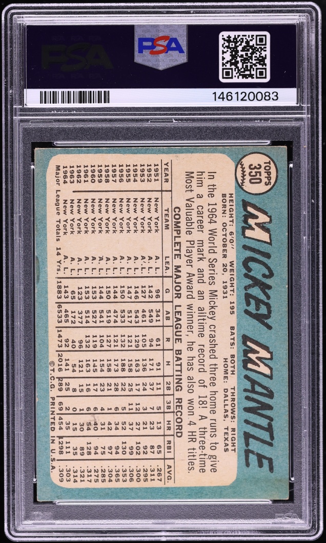 1965 Topps Mickey Mantle #350 PSA 3 VG