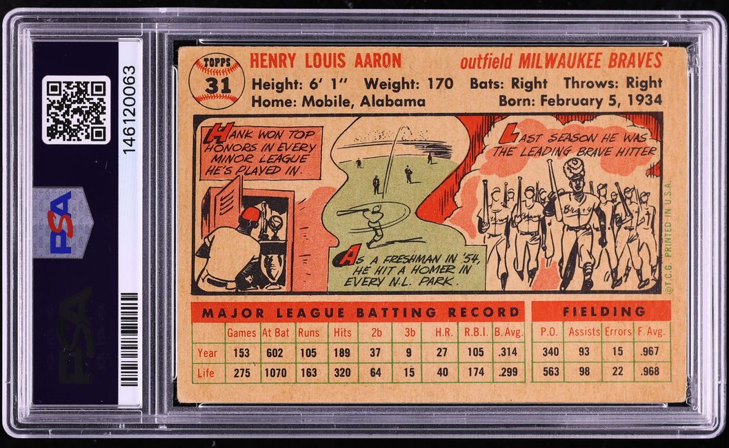 1956 Topps White Back Hank Aaron #31 PSA 3 VG