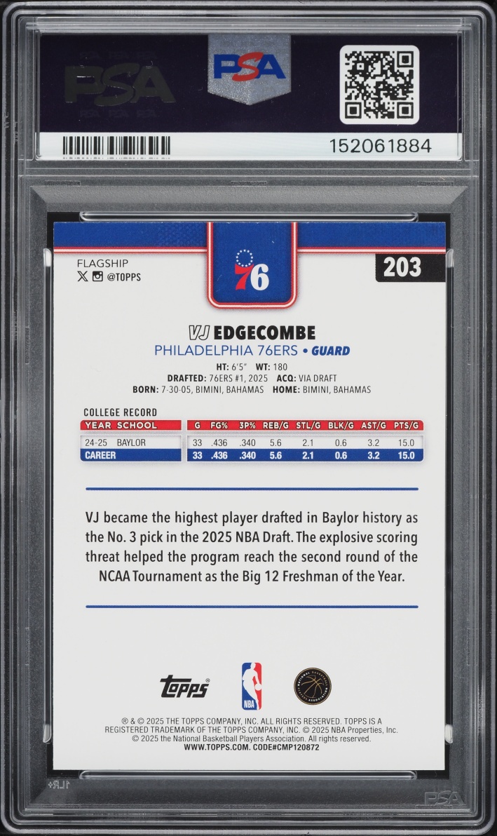 2025 Topps Basketball VJ Edgecombe ROOKIE #203 PSA 9 MINT