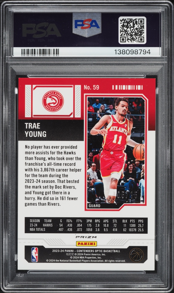 2023 Panini Contenders Optic Purple Trae Young /15 #59 PSA 9 MINT