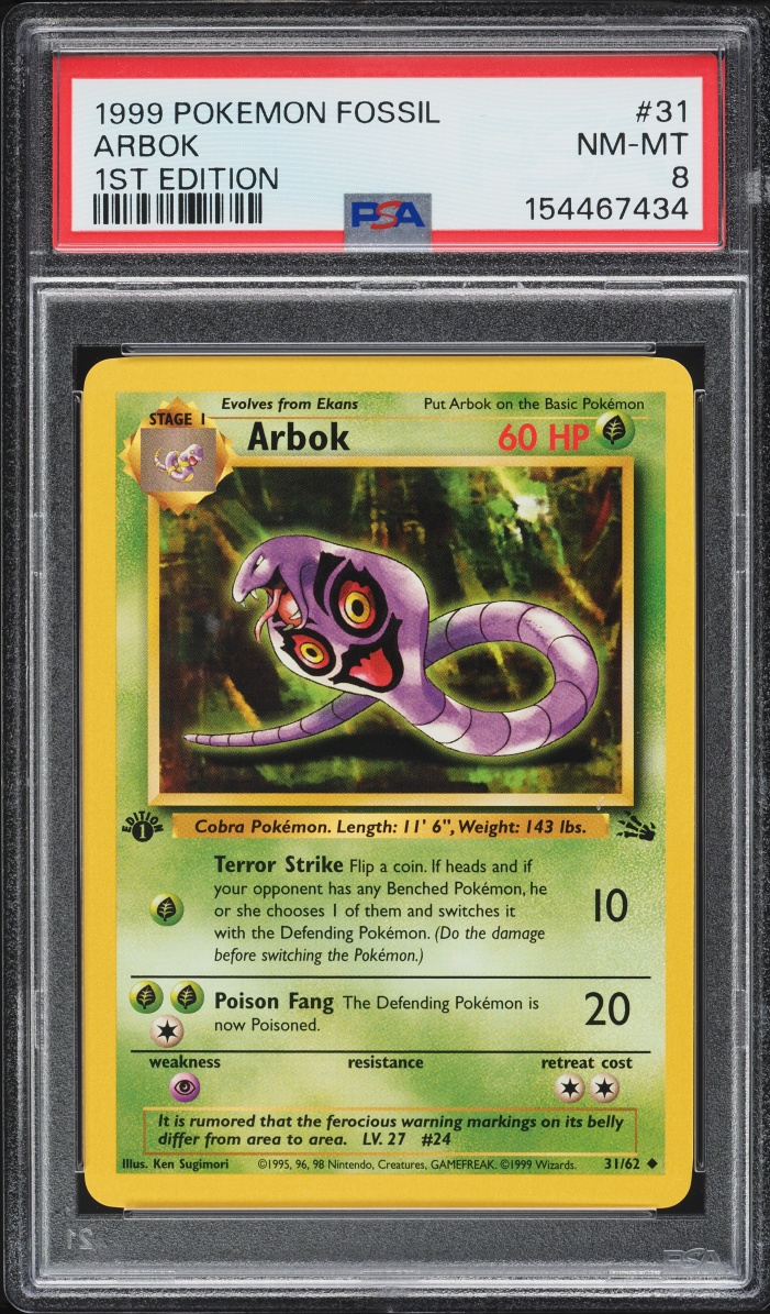 1999 Pokemon Fossil 1st Edition Arbok #31 PSA 8 NM-MT