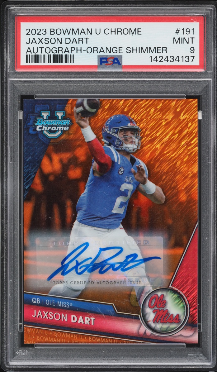 2023 Bowman Chrome University Orange Shimmer Jaxson Dart ROOKIE AUTO /25 PSA 9 MINT
