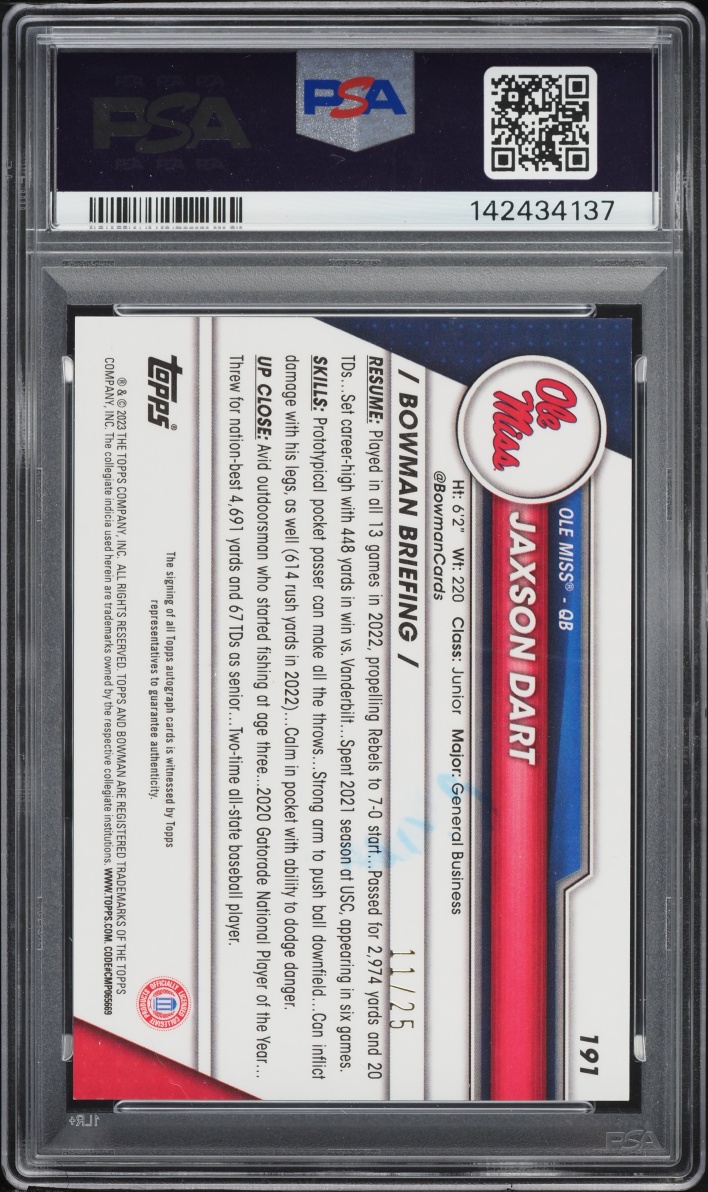 2023 Bowman Chrome University Orange Shimmer Jaxson Dart ROOKIE AUTO /25 PSA 9 MINT