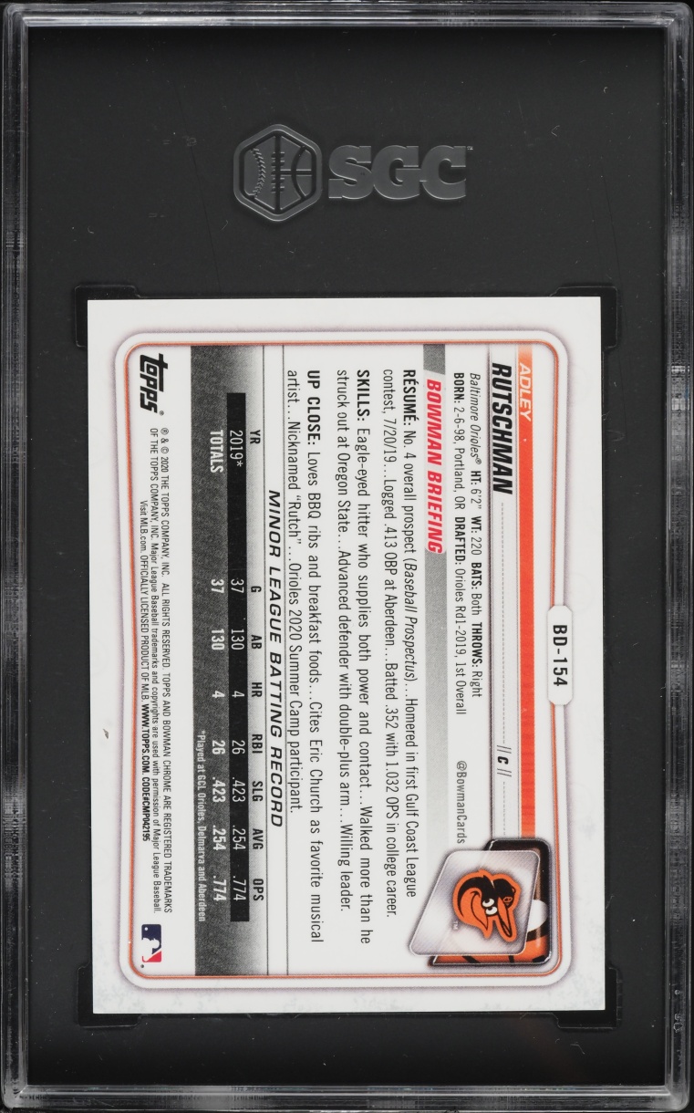 2020 Bowman Draft Chrome Gold Refractor Adley Rutschman PROSPECT /50 #BD-154 SGC 9.5 MINT+