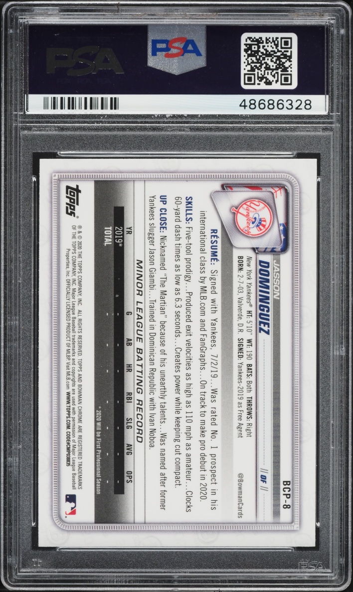 2020 Bowman Chrome Mega Box Jasson Dominguez PROSPECT #BCP-8 PSA 10 GEM MINT