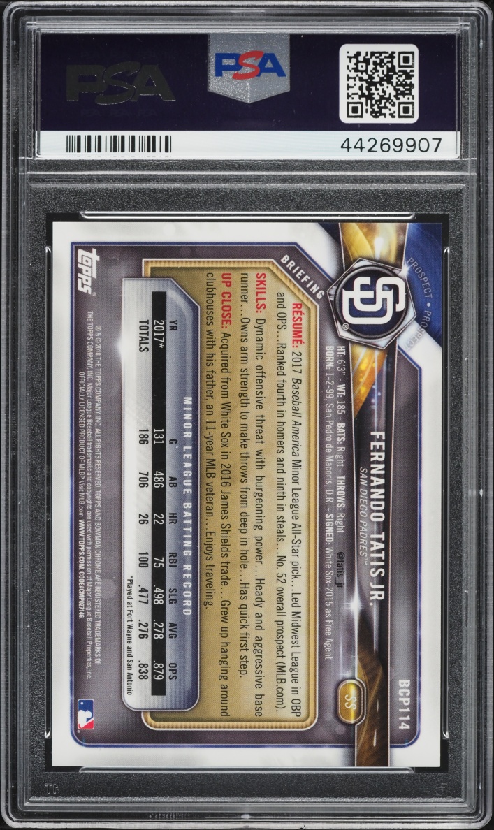 2018 Bowman Chrome Orange Shimmer Fernando Tatis Jr. PROSPECT /25 #BCP114 PSA 10 GEM MINT