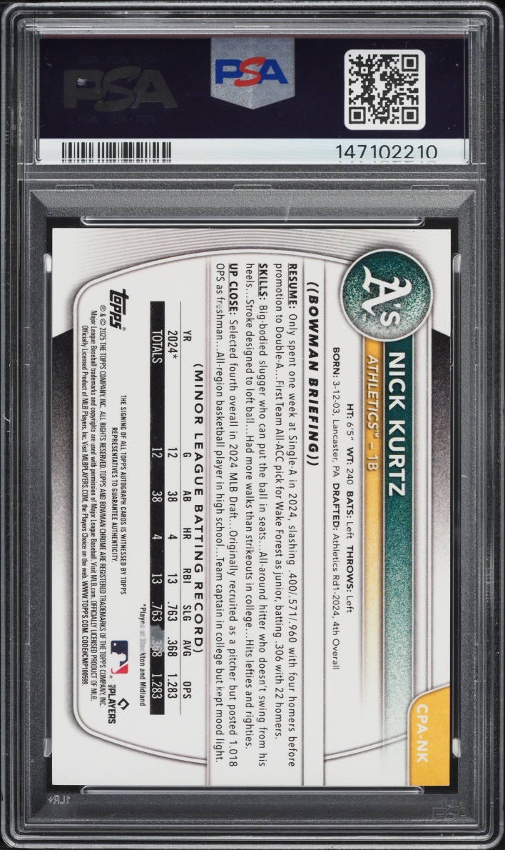 2025 Bowman Chrome Prospects Blue Xfractor Nick Kurtz ROOKIE AUTO /150 #CPA-NK PSA 9 MINT