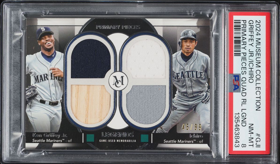 2024 Topps Museum Collection Primary Pieces Quad Legends Griffey Jr Ichiro PATCH /99 #GJI PSA 8