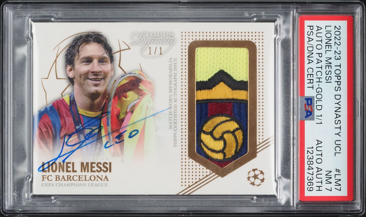 2022 Topps Dynasty UEFA Champions League Lionel Messi PATCH AUTO DNA AUTH 1/1 #LM7 PSA 7 NRMT
