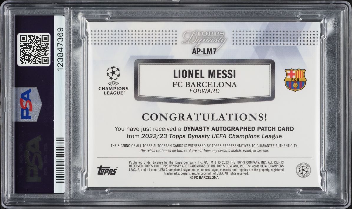 2022 Topps Dynasty UEFA Champions League Lionel Messi PATCH AUTO DNA AUTH 1/1 #LM7 PSA 7 NRMT