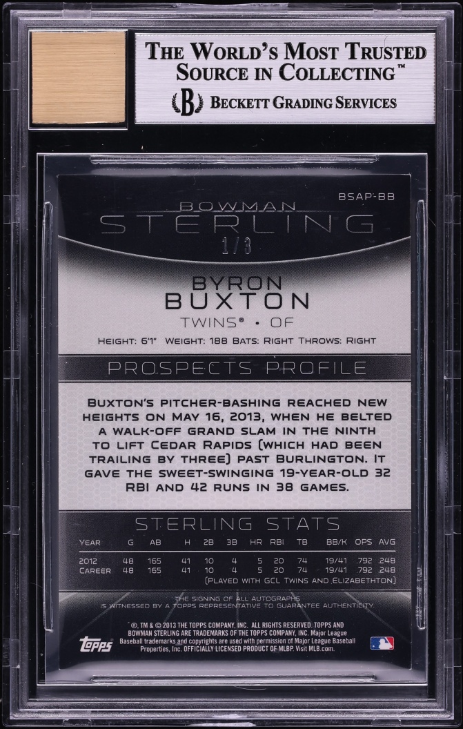 2013 Bowman Sterling Canary Diamond Refractor Byron Buxton PROSPECT AUTO 1/3 #BSAP-BB BGS 9