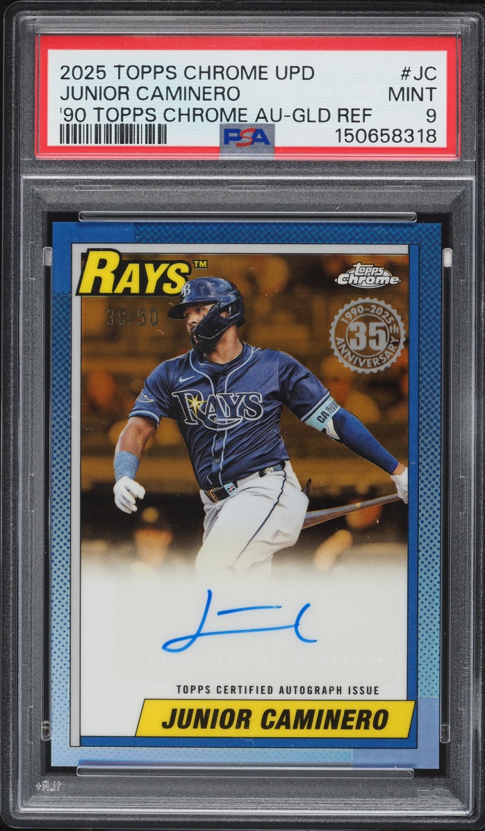 2025 Topps Chrome Update 1990 Gold Refractor Junior Caminero AUTO /50 #JC PSA 9 MINT