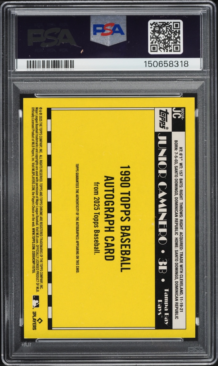2025 Topps Chrome Update 1990 Gold Refractor Junior Caminero AUTO /50 #JC PSA 9 MINT