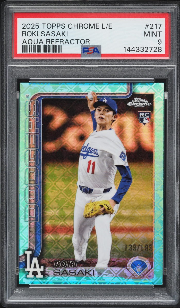 2025 Topps Chrome Logofractor Edition Aqua Refractor Roki Sasaki ROOKIE /199 #217 PSA 9 MINT