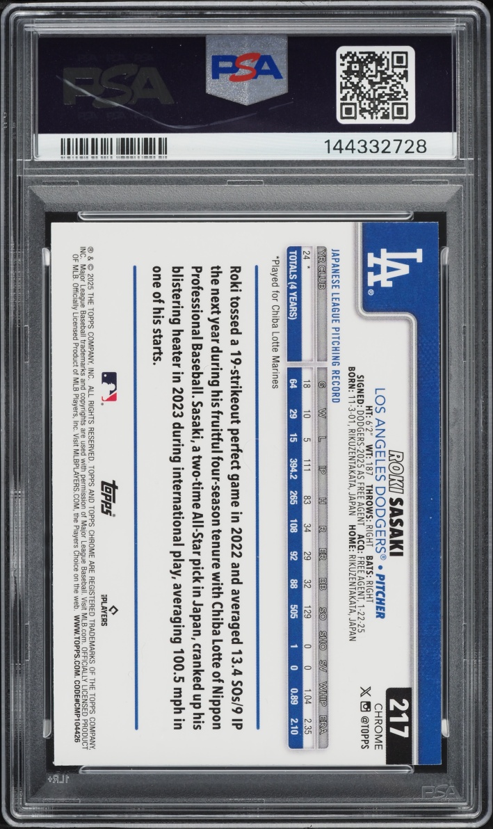 2025 Topps Chrome Logofractor Edition Aqua Refractor Roki Sasaki ROOKIE /199 #217 PSA 9 MINT