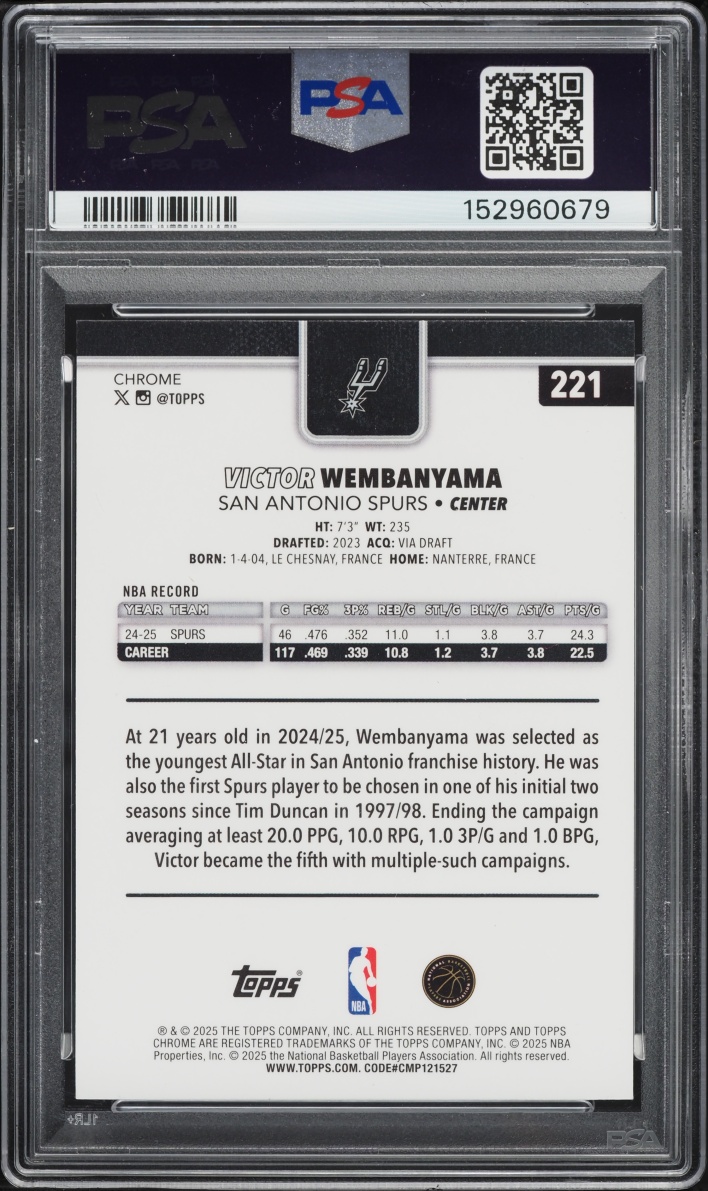 2025 Topps Chrome Skylight Refractor Victor Wembanyama #221 PSA 8 NM-MT