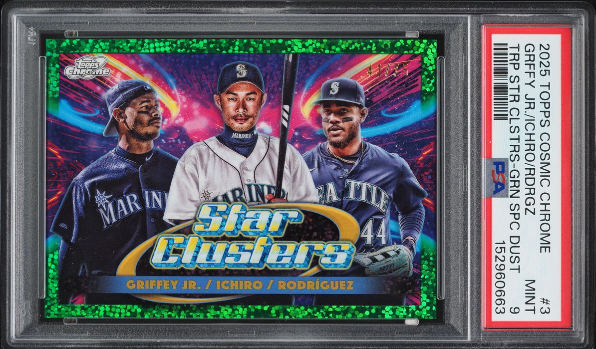 2025 Topps Chrome Cosmic Triple Star Clusters Green Spc Dust Griffey Jr. Ichiro Rodriguez PSA 9