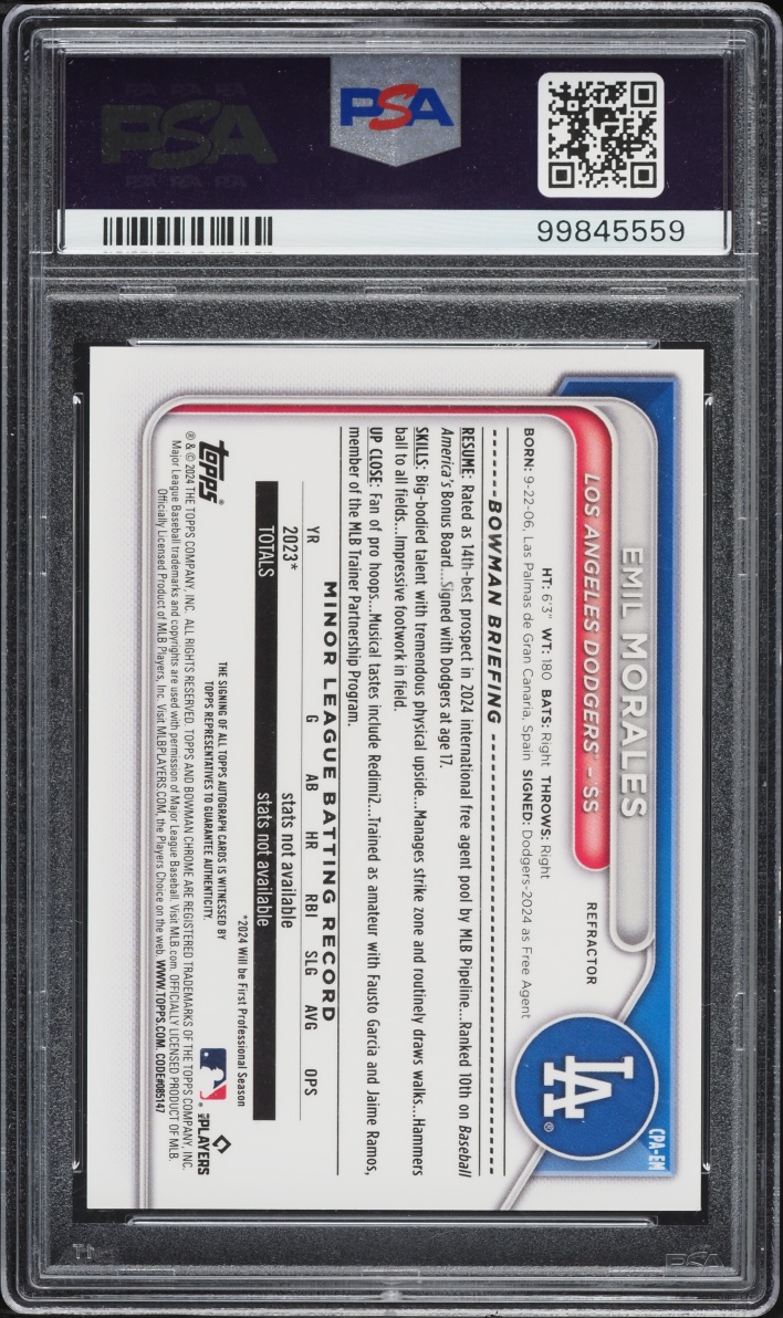 2024 Bowman Chrome Refractor Emil Morales PROSPECT AUTO /499 #CPAEM PSA 10 GEM MINT