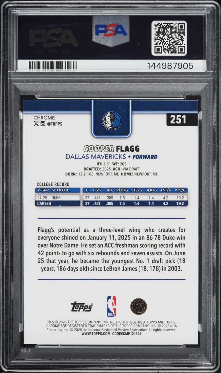 2025 Topps Chrome Raywave Cooper Flagg ROOKIE #251 PSA 9 MINT