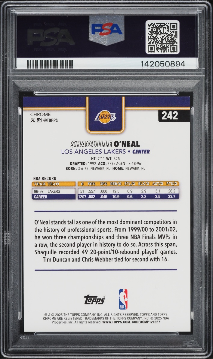 2025 Topps Chrome Gold Wave Shaquille O'Neal /50 #242 PSA 8 NM-MT