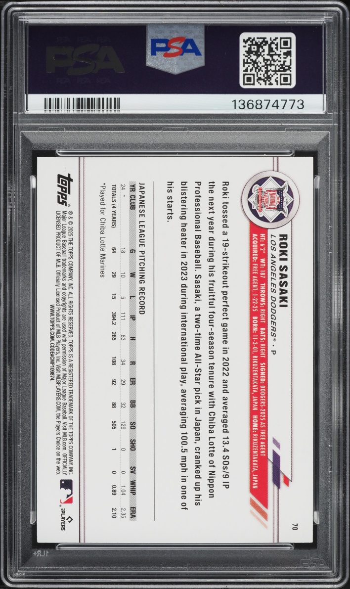 2025 Topps All-Star Game Roki Sasaki ROOKIE #70 PSA 10 GEM MINT