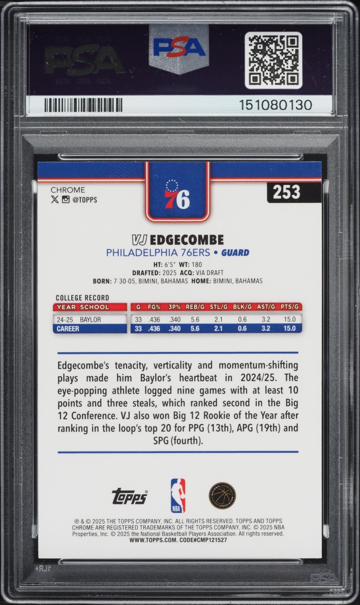 2025 Topps Chrome Wave Vj Edgecombe ROOKIE #253 PSA 8 NM-MT