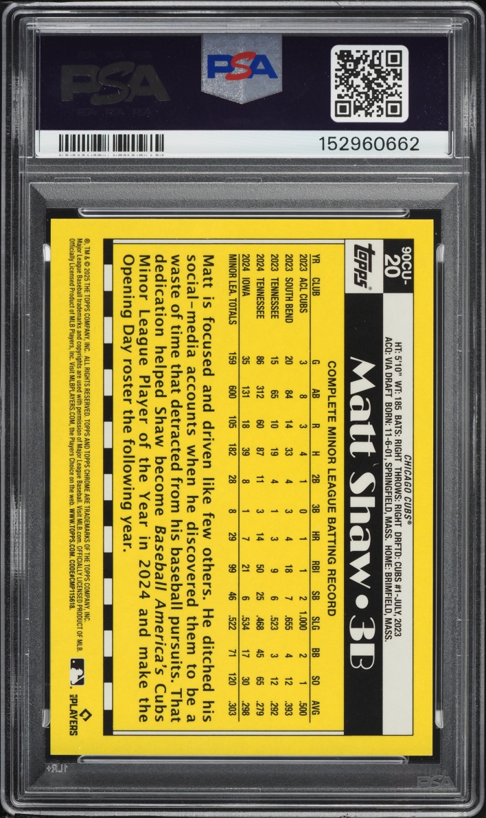 2025 Topps Chrome Update 1990 Orange Refractor Matt Shaw ROOKIE /25 #20 PSA 10 GEM MINT