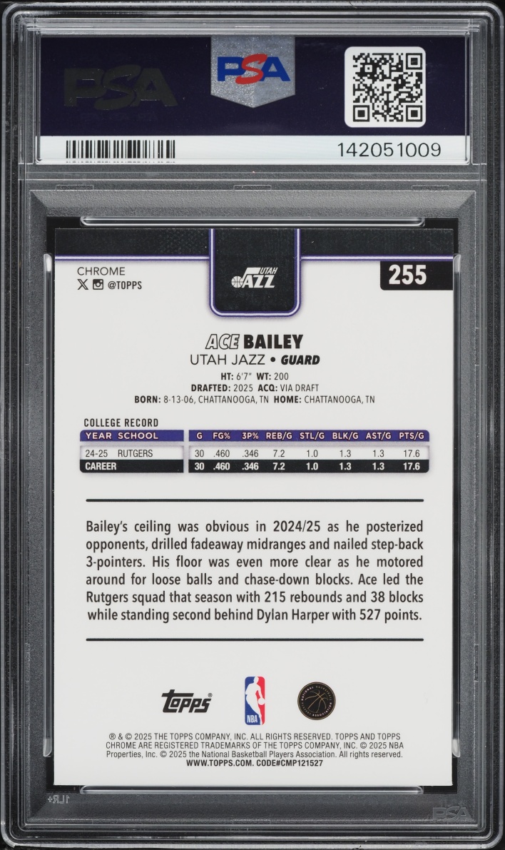 2025 Topps Chrome Yellow Refractor Ace Bailey ROOKIE /275 #255 PSA 10 GEM MINT