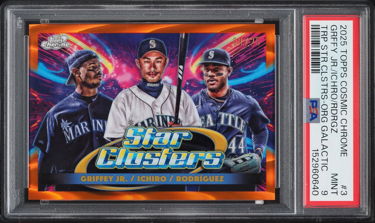 2025 Topps Chrome Cosmic Triple Star Clusters Galactic Grffy Jr. Ichiro Rodriguez /25 #3 PSA 9