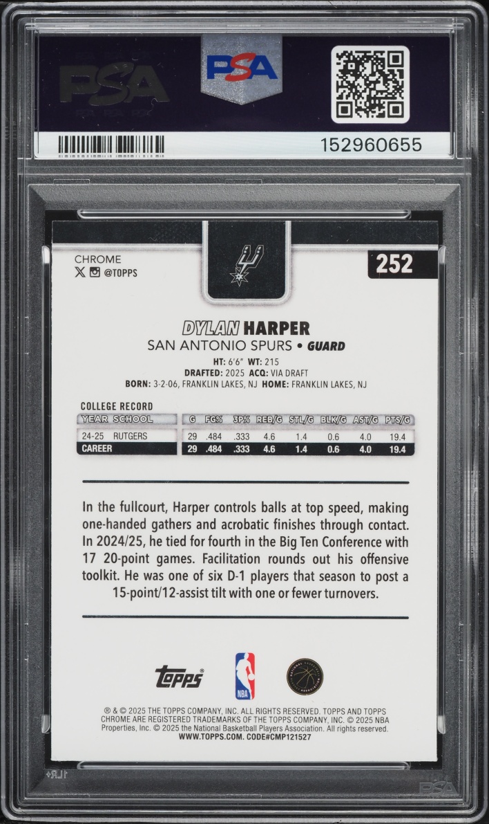 2025 Topps Chrome Wave Dylan Harper ROOKIE #252 PSA 8 NM-MT