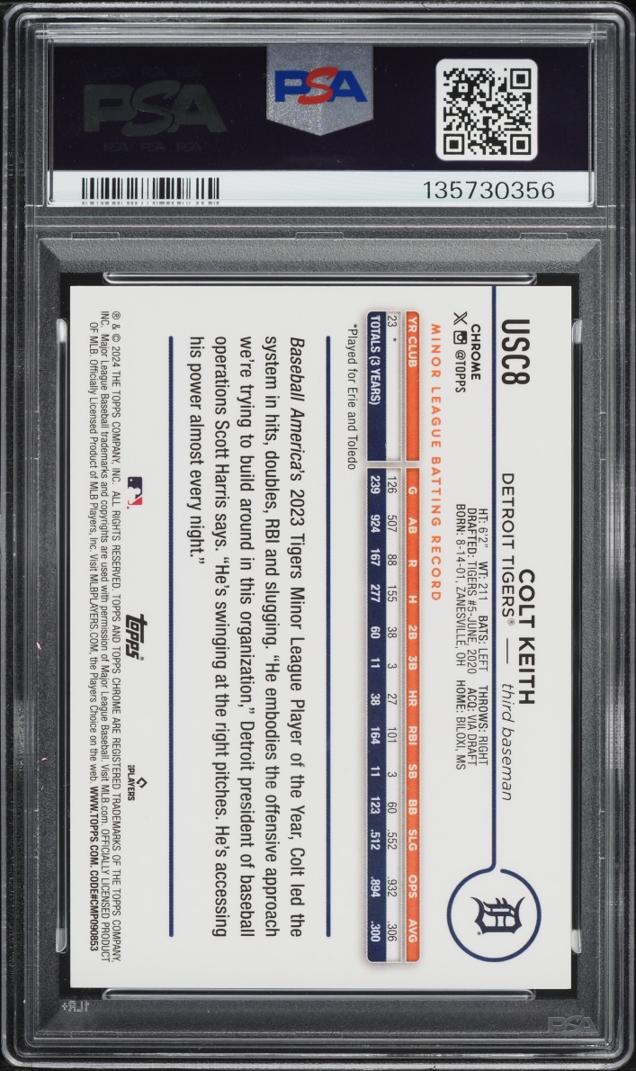 2024 Topps Chrome Update Orange Speckle Colt Keith SP ROOKIE 1/25 #USC8 PSA 9 MINT