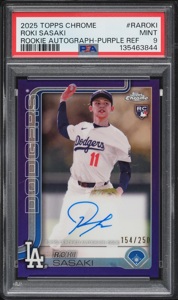2025 Topps Chrome Purple Ref. Roki Sasaki ROOKIE AUTO /250 #RAROKI PSA 9 MINT