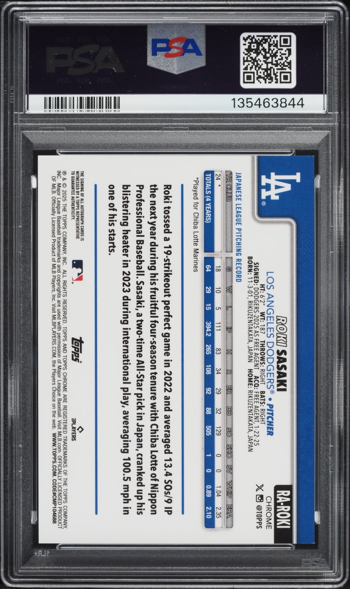2025 Topps Chrome Purple Ref. Roki Sasaki ROOKIE AUTO /250 #RAROKI PSA 9 MINT