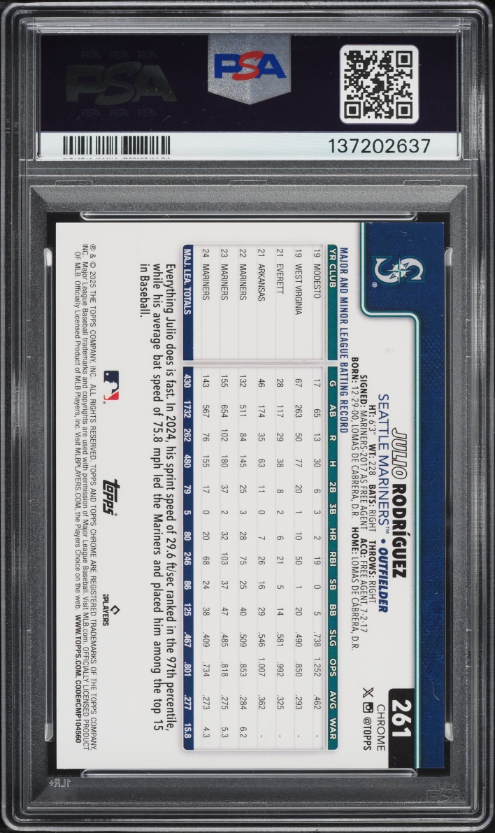 2025 Topps Chrome Logofractor Edition Black Refractor Julio RodrÍguez /10 #261 PSA 9 MINT