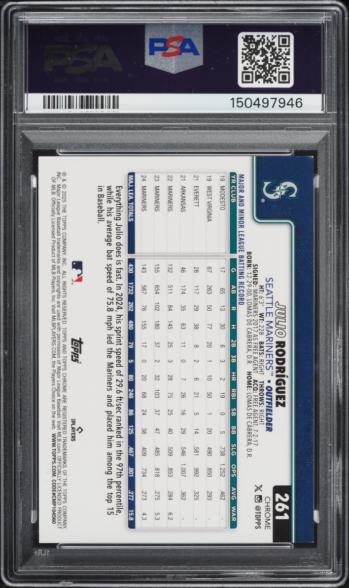 2025 Topps Chrome Logofractor Edition Orange Refractor Julio Rodriguez /25 #261 PSA 8 NM-MT