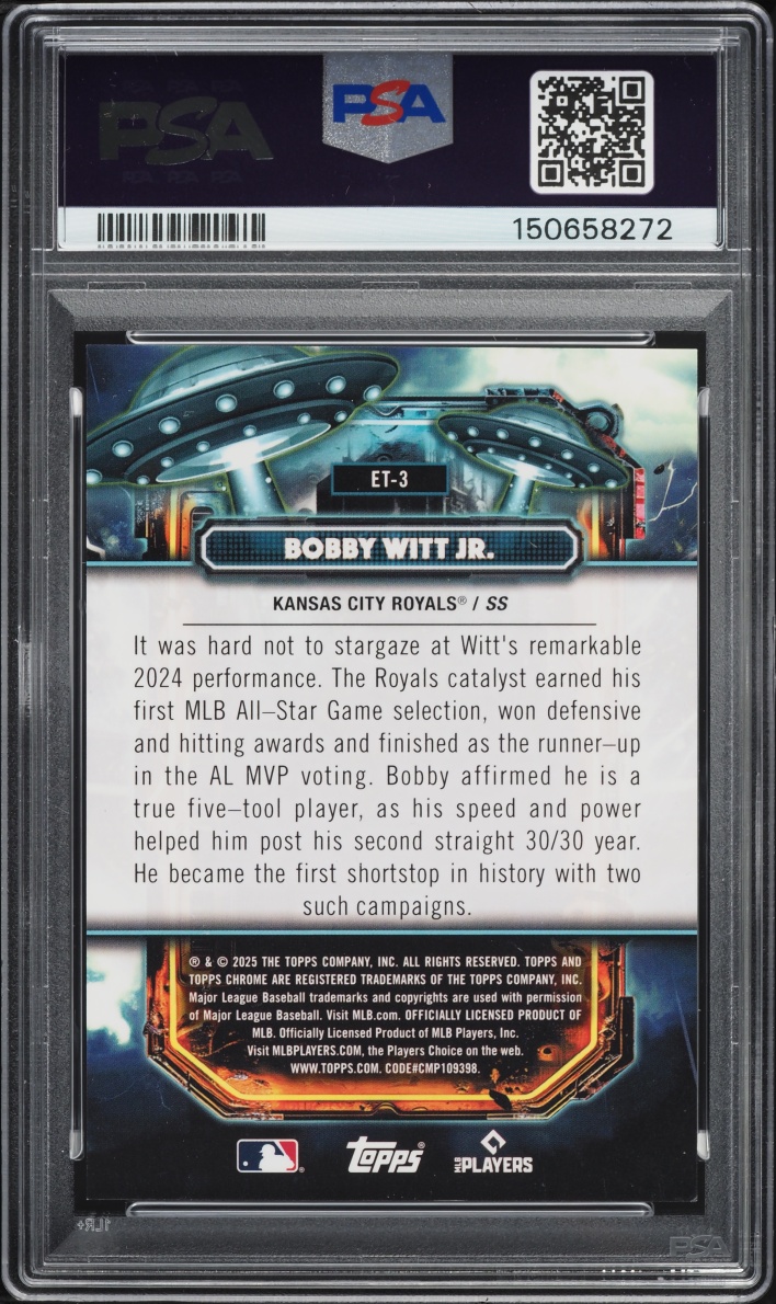 2025 Topps Chrome Cosmic Extraterrestrial Talent Gold Interstellar Bobby Witt Jr. /50 #3 PSA 9