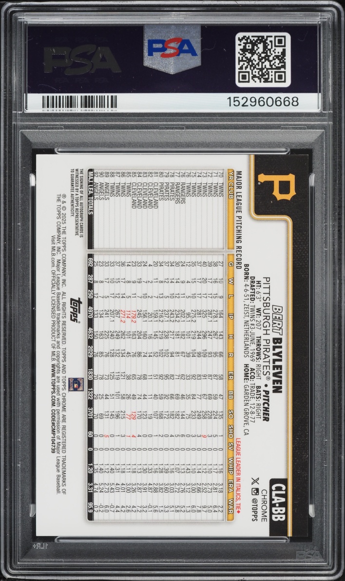 2025 Topps Chrome Update Legends Red Refractor Bert Blyleven AUTO /5 #BB PSA 8 NM-MT