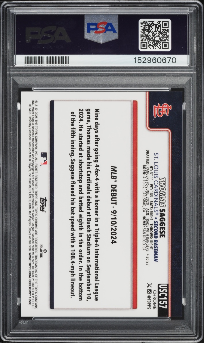 2025 Topps Chrome Update Red Geometric Thomas Saggese ROOKIE 1/5 #157 PSA 10 GEM MINT