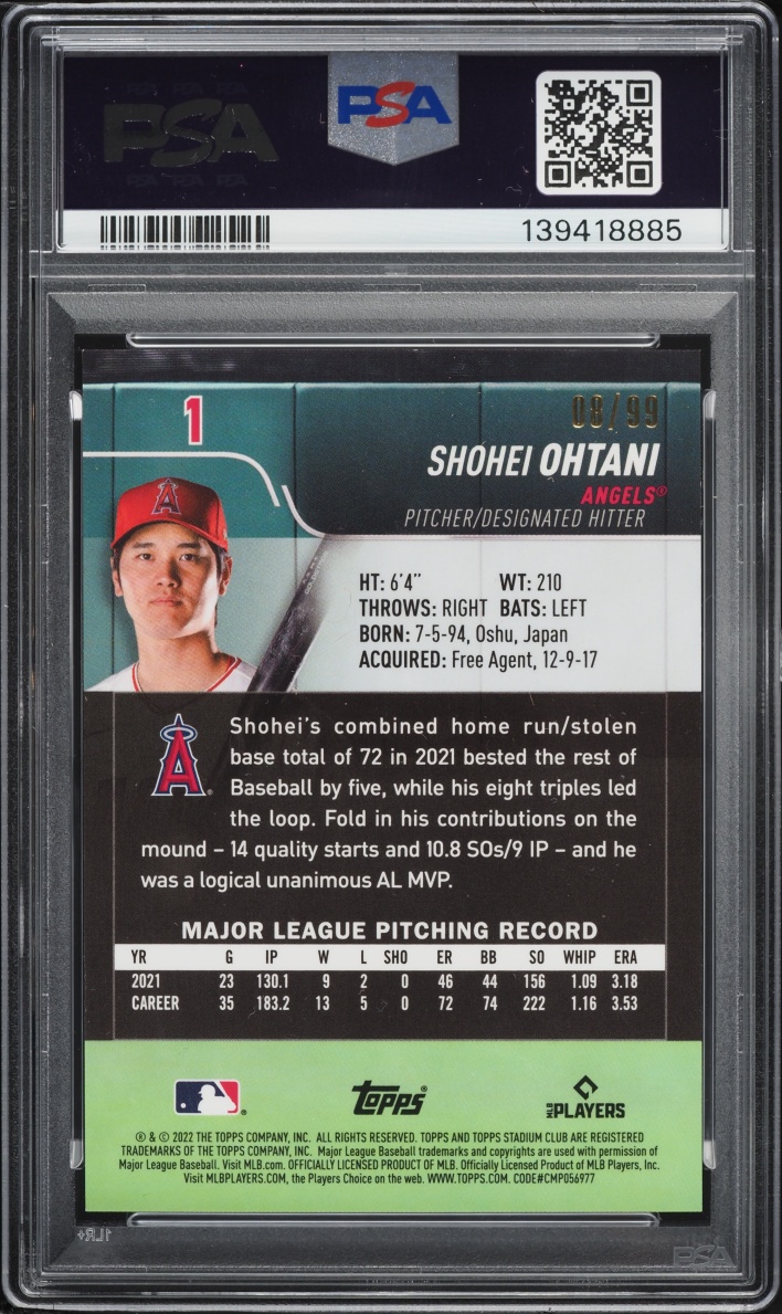 2022 Stadium Club Chrome Green Refractor Shohei Ohtani /99 #1 PSA 9 MINT