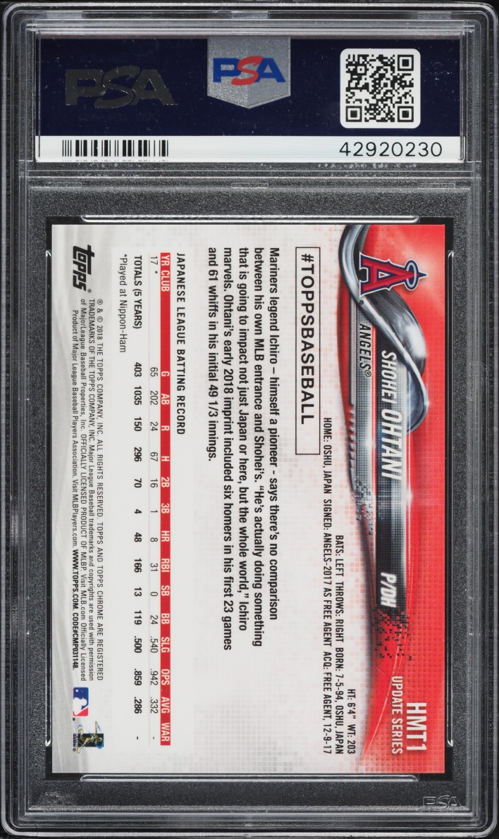 2018 Topps Chrome Update Pink Refractor Shohei Ohtani ROOKIE #HMT1 PSA 10 GEM MINT