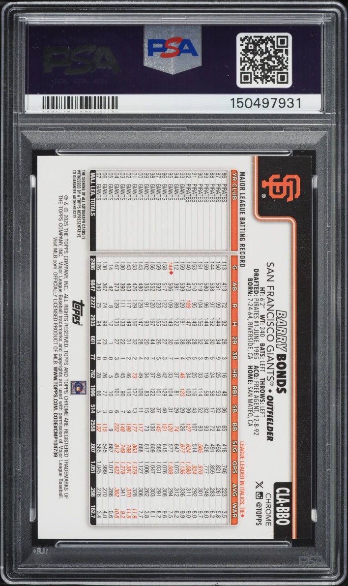 2025 Topps Chrome Update Legends Barry Bonds AUTO /25 #CLA-BBO PSA 8 NM-MT