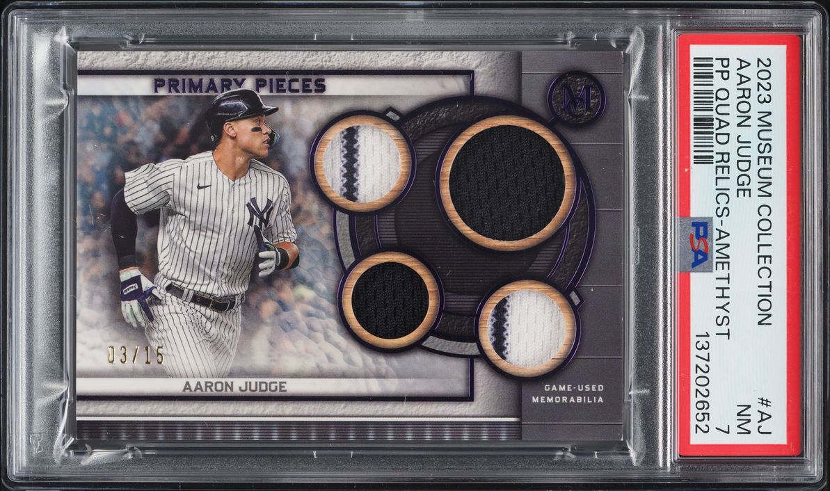 2023 Topps Museum Collection Primary Pieces Amethyst Aaron Judge PATCH /15 #SPPPQRAJ PSA 7 NRMT